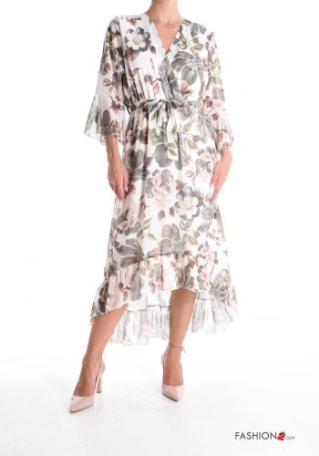 Floral asymmetrical Dress with v-neck 3/4 sleeve with fabric belt with flounces - ph 1