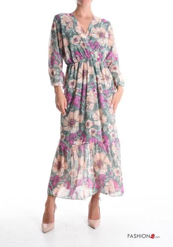 Floral long sleeve chiffon Dress with flounces with elastic with v-neck