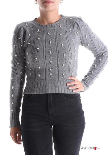 Maglione corto maniche lunghe girocollo Fantasia ricamata con perle con strass - ph 1