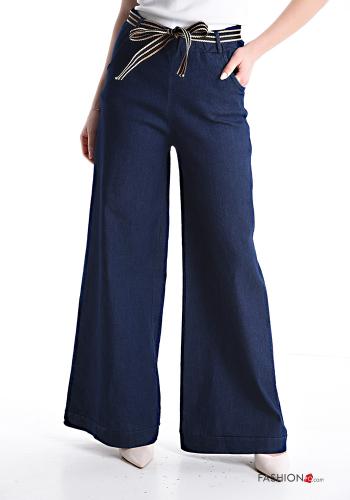 Pantalon en Coton en denim wide leg avec poches avec ceinture en tissu