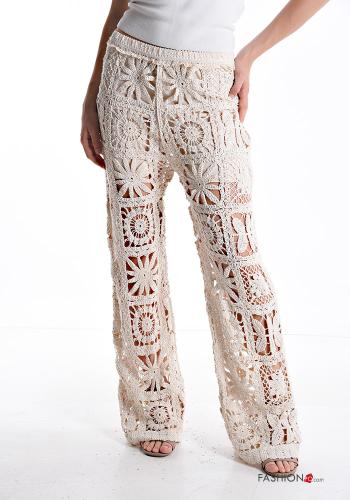 Pantalone in Cotone uncinetto lungo Fantasia ricamata con fodera con elastico - ph 1