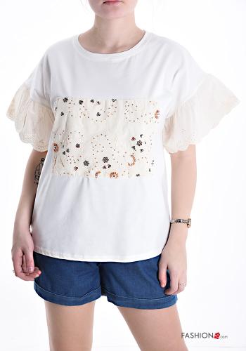 Cotton T-shirt with sequins broderie anglaise