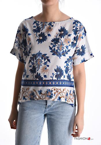 Floral short sleeve crew neck Cotton Blouse - ph 1
