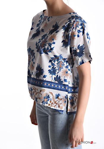 Floral short sleeve crew neck Cotton Blouse - ph 3