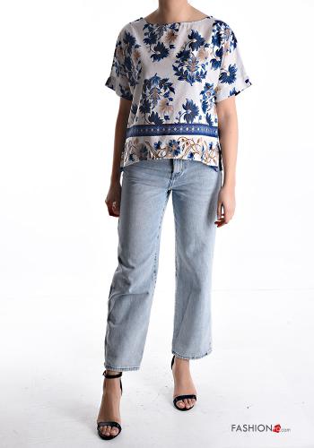 Floral short sleeve crew neck Cotton Blouse - ph 5