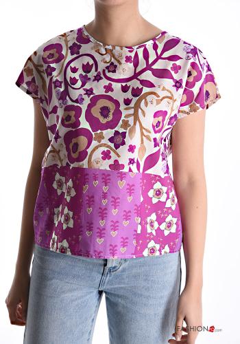 Graphic Print short sleeve crew neck Cotton Blouse with bow