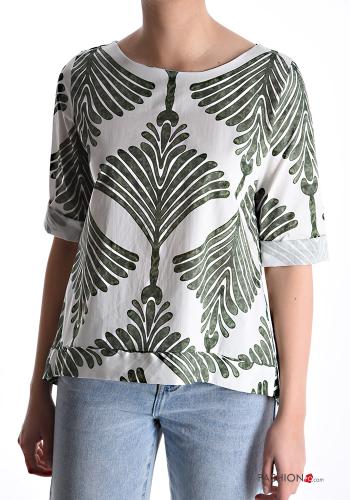Patterned crew neck Cotton Blouse 3/4 sleeve