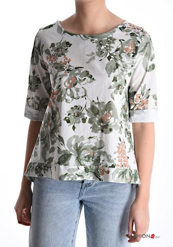 Camisa em Algodão gola redonda Floral manga três quartos