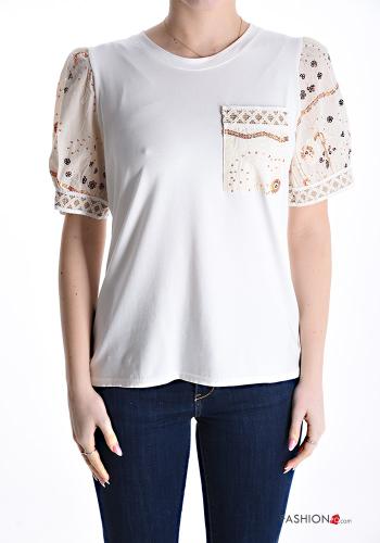 T-shirt de Algodón mangas de globo/ abullonada Patrón bordado con lentejuelas con bolsillos