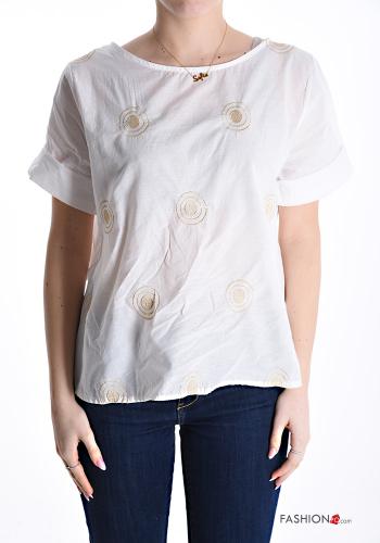 Embroidered short sleeve Cotton Blouse with buttons