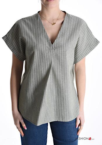 Striped short sleeve Cotton Blouse with v-neck