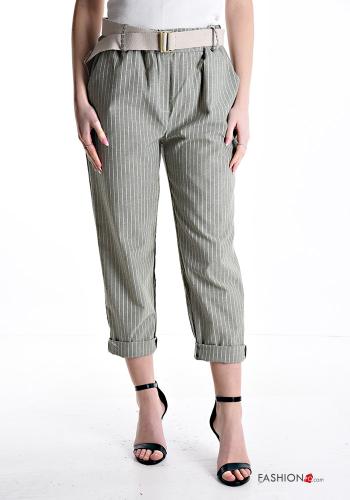 Striped Cotton Trousers with belt with elastic with pockets