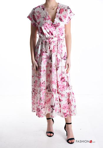 Floral short sleeve long Dress with v-neck with sash