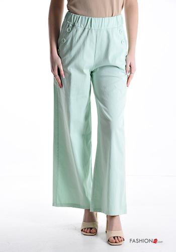 wide leg Cotton Trousers with buttons with elastic with pockets