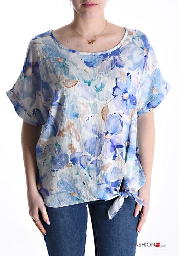 Floral short sleeve Blouse with bow