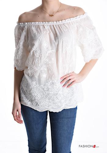 Besticktes Muster Bluse aus Baumwolle bardot-ausschnitt