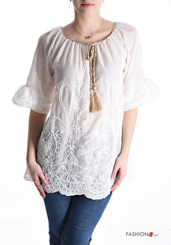 Embroidered Cotton Blouse with flounces with bow