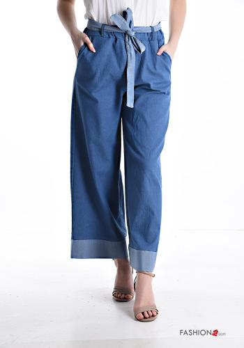 denim wide leg Cotton Trousers with pockets with fabric belt