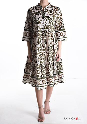 Graphic Print Cotton Dress with flounces 3/4 sleeve with buttons