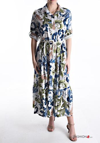 Abstract print long Cotton Shirt dress with buttons with string