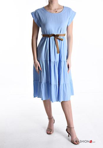 short sleeve crew neck Cotton Dress with flounces with fabric belt