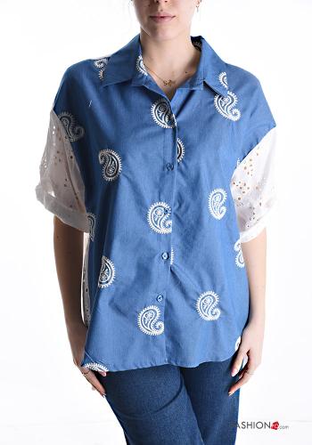 Camisa de Algodón manga corta con cuello con botones bordado inglés