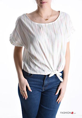 Embroidered short sleeve crew neck Cotton Blouse with bow