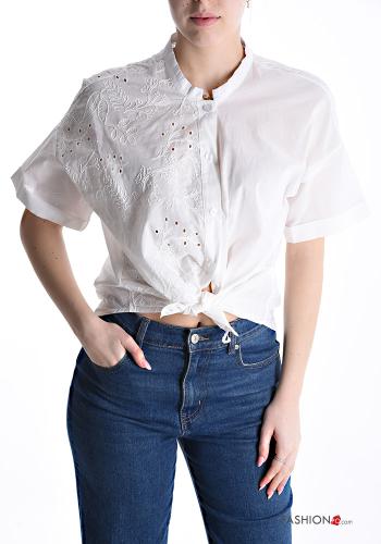 Embroidered lace trim short sleeve Cotton Shirt