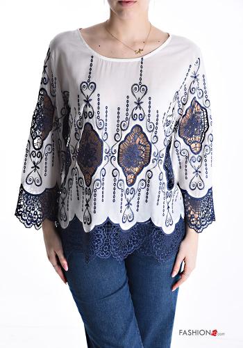 Embroidered lace trim crew neck Blouse