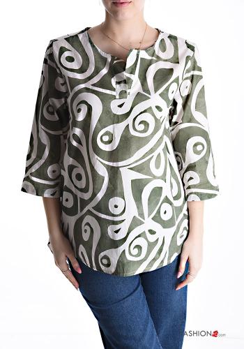 Abstract print Cotton Blouse 3/4 sleeve