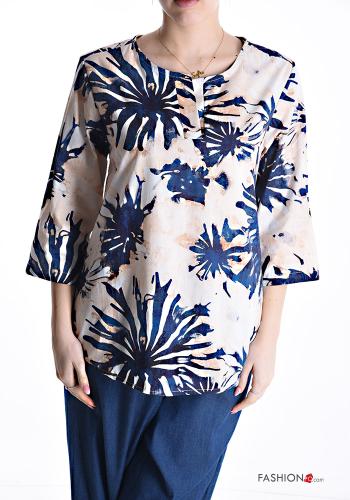 Abstract print crew neck Cotton Blouse 3/4 sleeve
