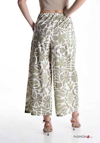 Graphic Print wide leg Cotton Trousers with pockets with elastic