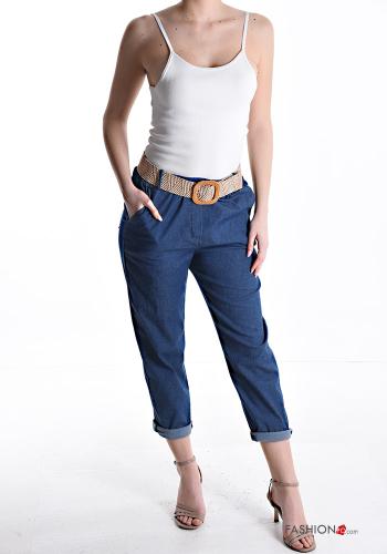 Denim Jeans aus Baumwolle mit Gürtel mit gummizug mit Taschen - ph 5