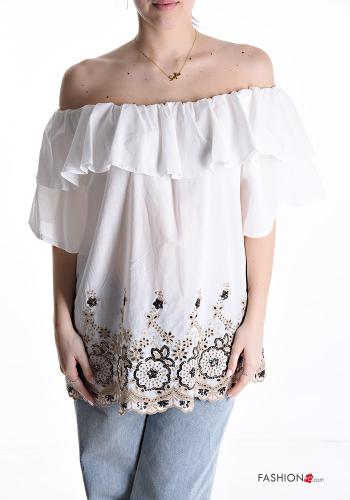 Besticktes Muster volantärmel Bluse aus Baumwolle mit Pailletten bardot-ausschnitt 3/4 ärmel - ph 1
