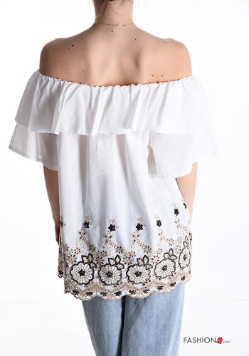 Besticktes Muster volantärmel Bluse aus Baumwolle mit Pailletten bardot-ausschnitt 3/4 ärmel - ph 2