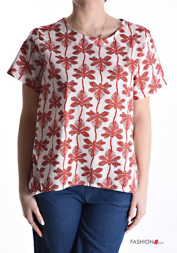 Leaf print short sleeve crew neck asymmetrical Cotton Shirt - ph 1
