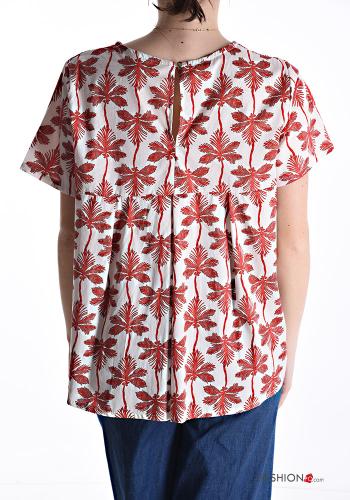 Leaf print short sleeve crew neck asymmetrical Cotton Shirt - ph 2