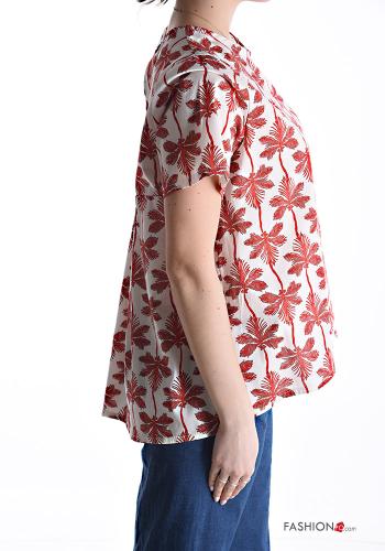 Leaf print short sleeve crew neck asymmetrical Cotton Shirt - ph 3