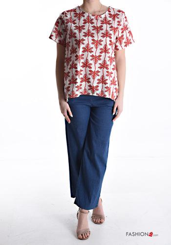 Leaf print short sleeve crew neck asymmetrical Cotton Shirt - ph 5