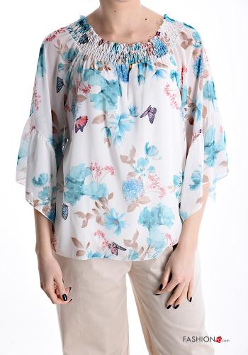 Floral Blouse with elastic 3/4 sleeve