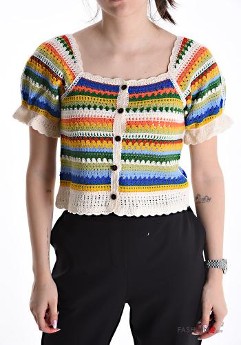 Top in Cotone maniche corte uncinetto Fantasia righe con bottoni - ph 1