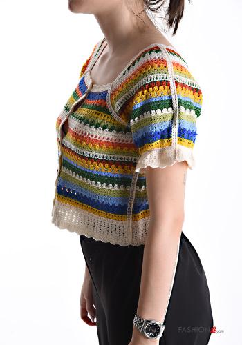 Top in Cotone maniche corte uncinetto Fantasia righe con bottoni - ph 3