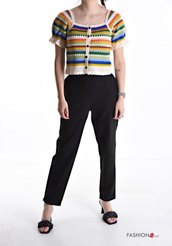 Top in Cotone maniche corte uncinetto Fantasia righe con bottoni - ph 5