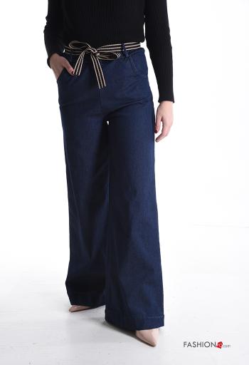 denim high waist flared Cotton Jeans with belt with elastic - ph 1