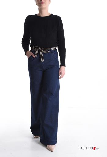 denim high waist flared Cotton Jeans with belt with elastic - ph 5