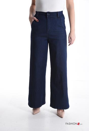 high waist wide leg Cotton Trousers with buttons with zip with pockets - ph 1