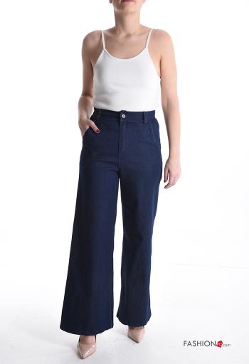 high waist wide leg Cotton Trousers with buttons with zip with pockets - ph 5