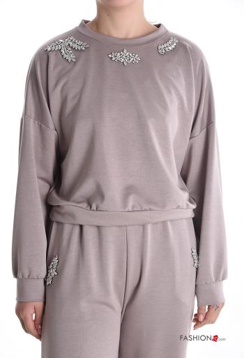 Sweatshirt curto manga comprida gola redonda com strass