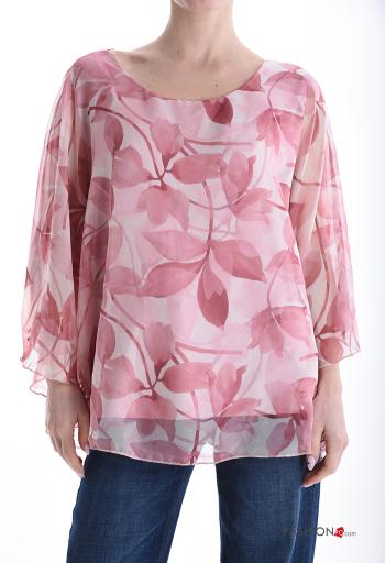 Blusa chiffon manga com folhos manga comprida gola redonda Floral