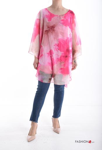 Blusa chiffon manga com folhos gola redonda Floral